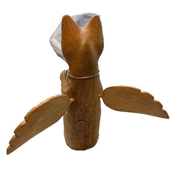 Folk Art Whimsical Rustic Light Wood Carved 12" Tall Standing Cat w/Angel Wings* - Picture 3 of 6